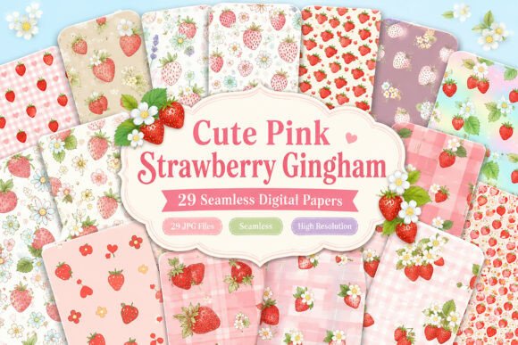 Download Cute Pink Strawberry Gingham Seamless - Pink Collection